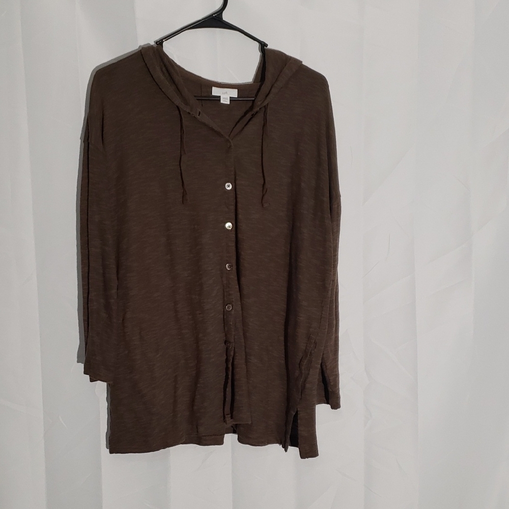 J Jill Linen Cotton Brown Button-Up Hoodie Lightweight Size Large